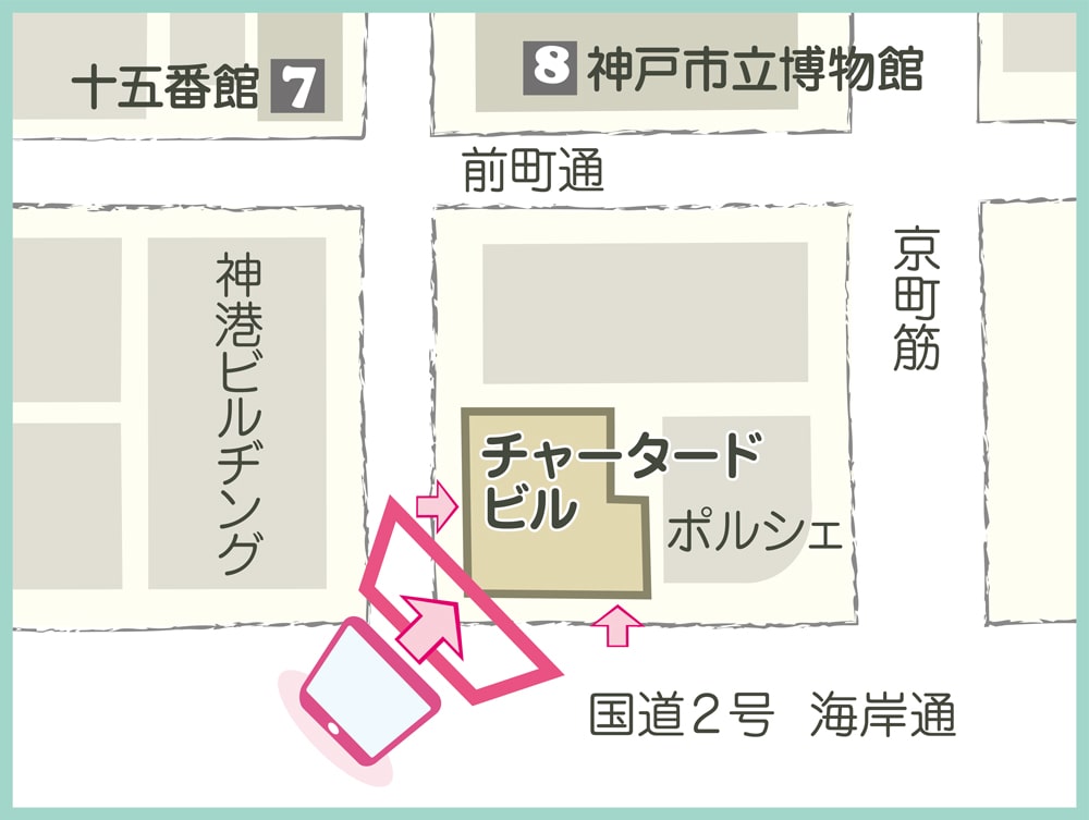 国道2号（海岸通）沿いの歩道から南西角を撮影